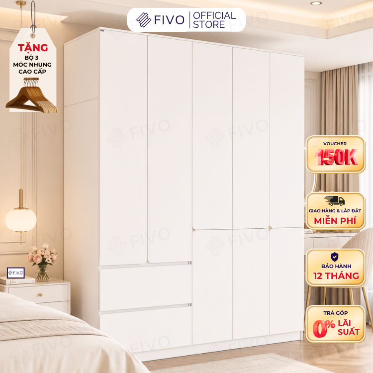 Tủ Đựng Quần Áo Gỗ Cao Cấp FC08 FIVO, Dày 17MM Cánh Mở Sâu 60cm, Thiết Kế Tinh Tế, Free ship+Free lắp đặt, Trả Góp 0%