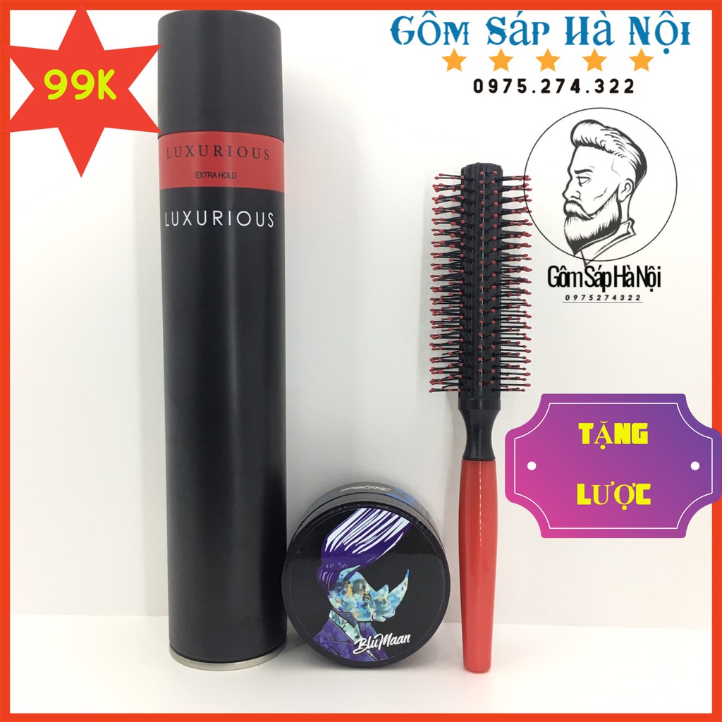 Combo gô xịt tóc luxuryuos 400ml + sáp vuốt tóc nam blumaan styling meraki + lược