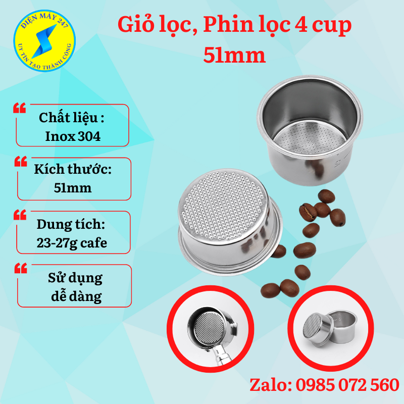 Giỏ lọc 4 cup INOX kích thước 51mm, Phin lọc thay thế cho các loại máy pha cà phê