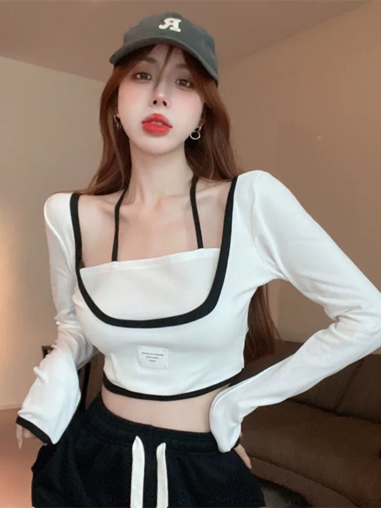 Áo croptop nữ áo thun tay dài kèm yếm dáng ôm body hai màu đen trắng