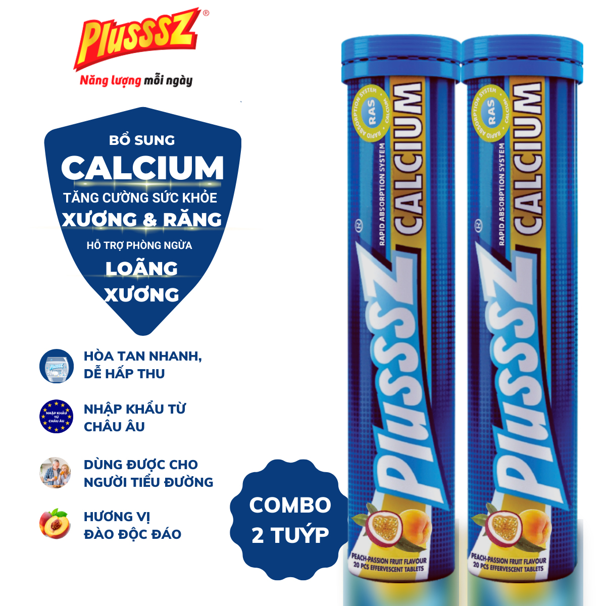 {COMBO 2 TUÝP} Viên sủi Plusssz Calcium vị Đào & chanh dây bổ sung canxi hỗ trợ sức khỏe xương và răng (Tuýp 20 viên)