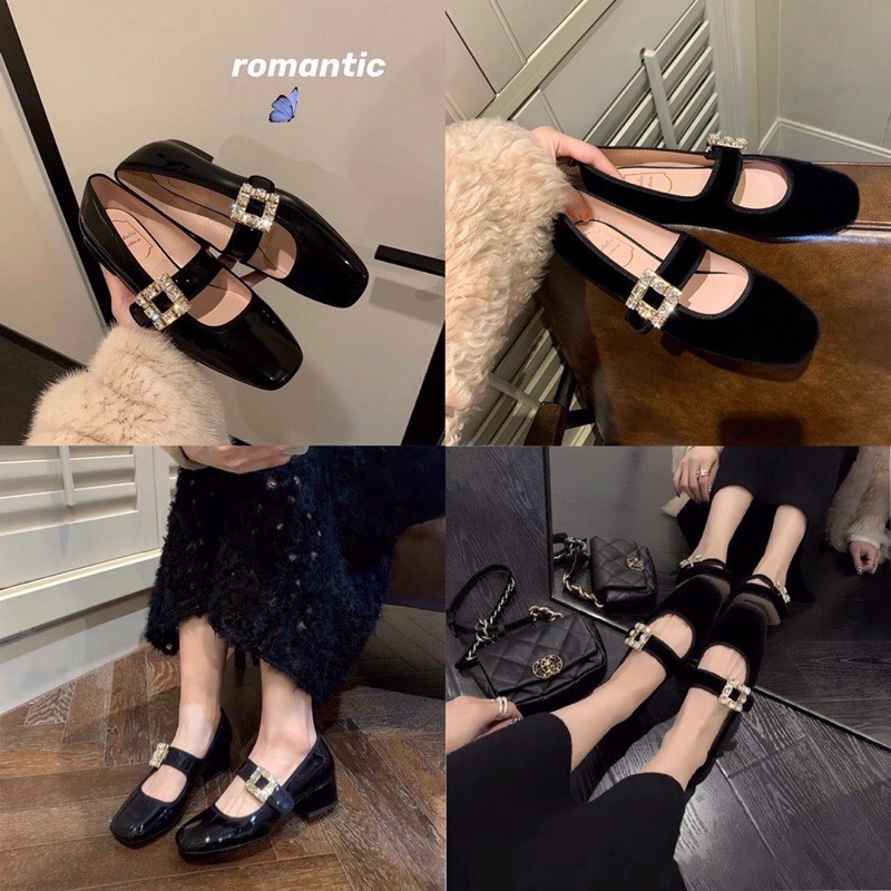 [Có Sẵn] Giày búp bê mũi vuông quai đính đá nhân tạo đế cao 4,5cm