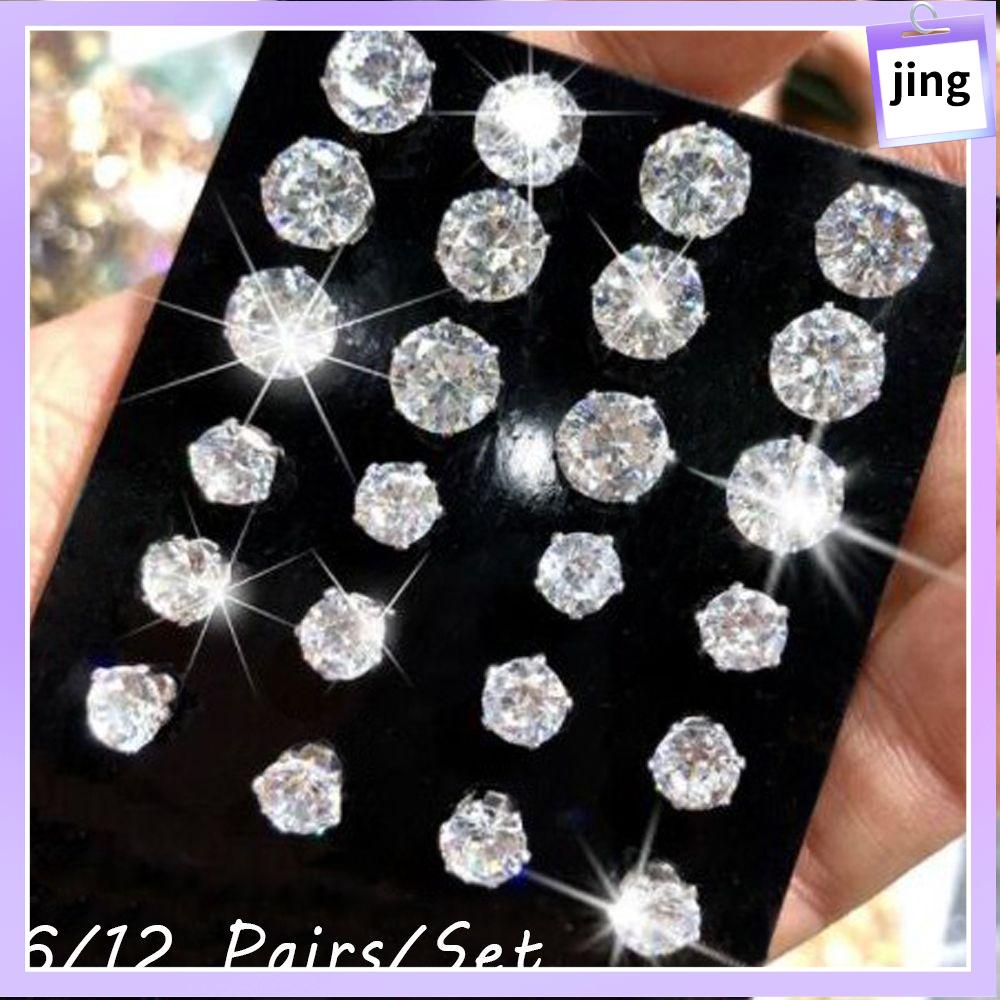 6/12 Đôi Bông Tai Pha Lê Thanh Lịch Tinh Tế Bộ Bông Tai Nữ Đơn Giản Hợp Kim Bạc Zircon Bộ Bông Tai Tròn Sáu Móng Pha Lê Zircon Bộ 12 Đôi Bông Tai