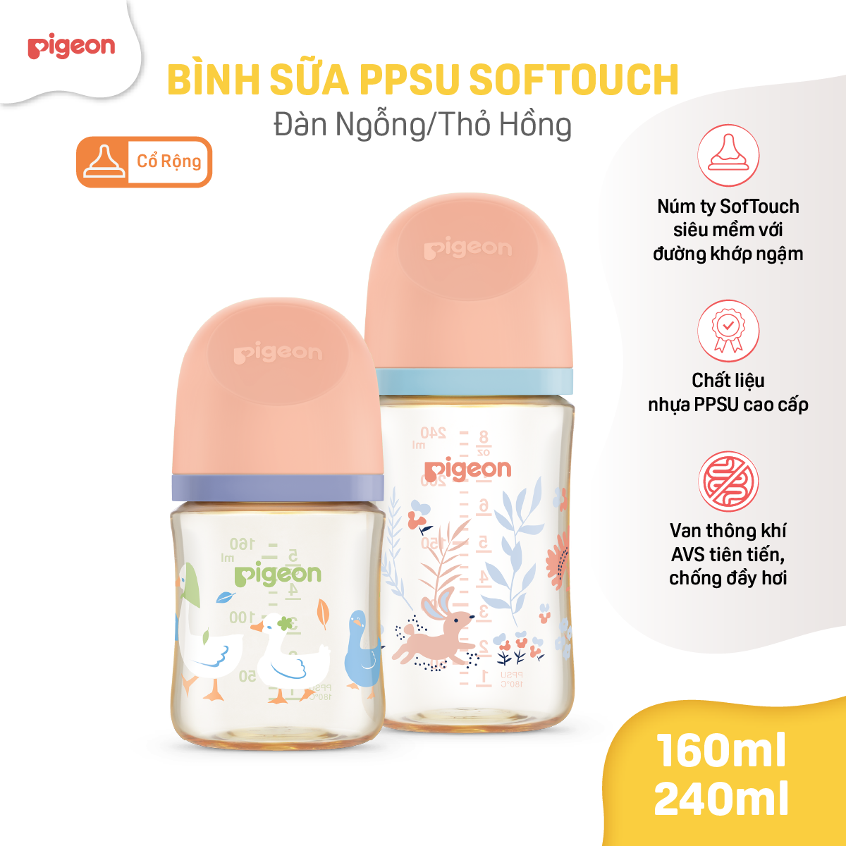 [PPSU] Bình sữa chống đầy hơi Pigeon cổ rộng cho bé sơ sinh núm ti siêu mềm chống sặc cho trẻ 160ml/240ml chính hãng - Hoạ Tiết Đàn Ngỗng/Thỏ Hồng