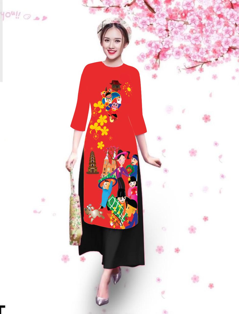 áo dài cách tân in họa tiết chợ phiên cao cấp - KHÔNG KÈM QUẦN