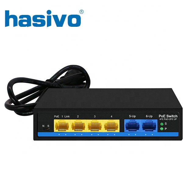 Swich poe/switch cấp nguồn poe hasivo s600p-4f-2f-se, 4 cổng poe 10/100m + 2 cổng uplink rj45 10/100mbps. chuẩn ieee802.3at 30w/port, tổng công suất 48w