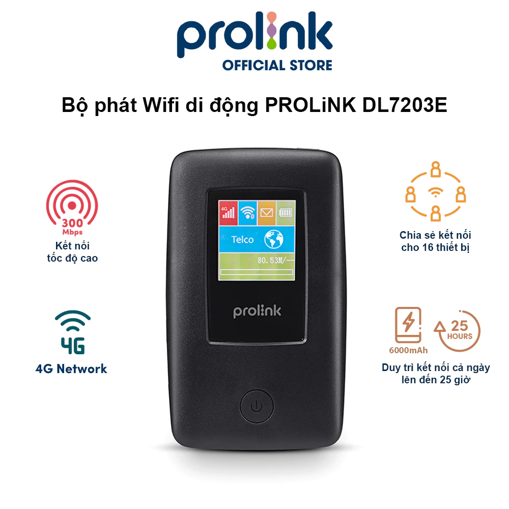 Bộ phát Wifi di động PROLiNK DL7203E dùng SIM 4G LTE 150Mbps, pin 6000mAH lên tới 25h, TFT 1.44", cổng RJ45, USB 2.0