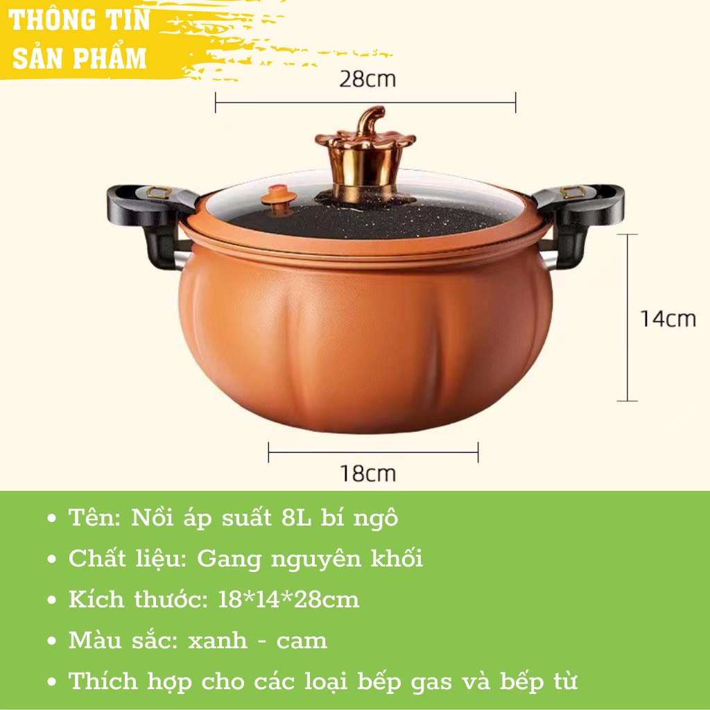 Nồi áp suất bí ngô siêu chống dính, nồi áp suất đa năng thông minh chất liệu chống dính cao cấp dùng được cho mọi loại bếp hầm cháo, hầm gà tiện dụng, nồi áp suất điện đa năng, nồi áp suất bếp từ, nồi áp xuất bí ngô