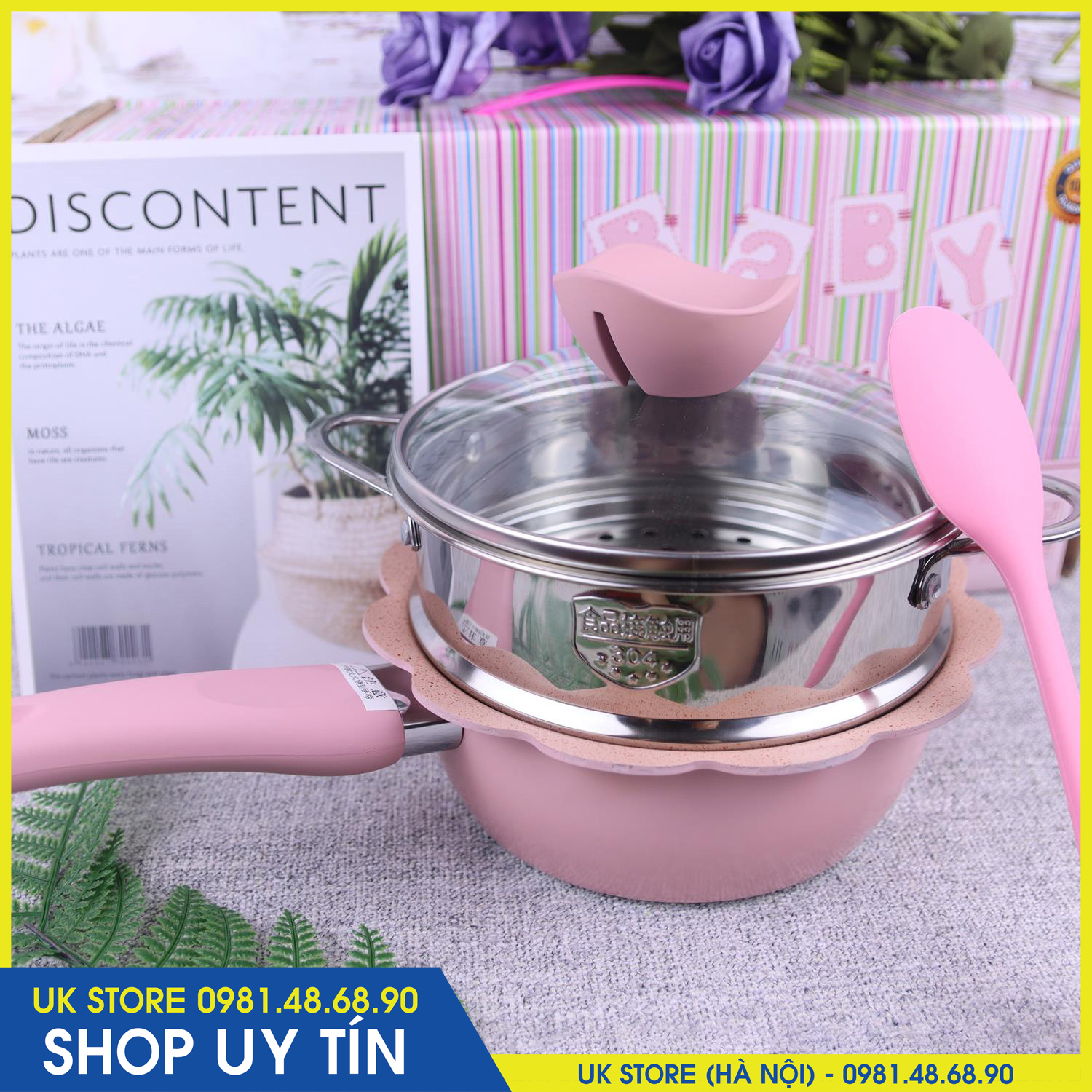 Bộ Nồi Chảo Đá Hình Hoa Kèm Xửng Hấp 16cm (Tặng Kèm Thìa Khuấy) HSA1179