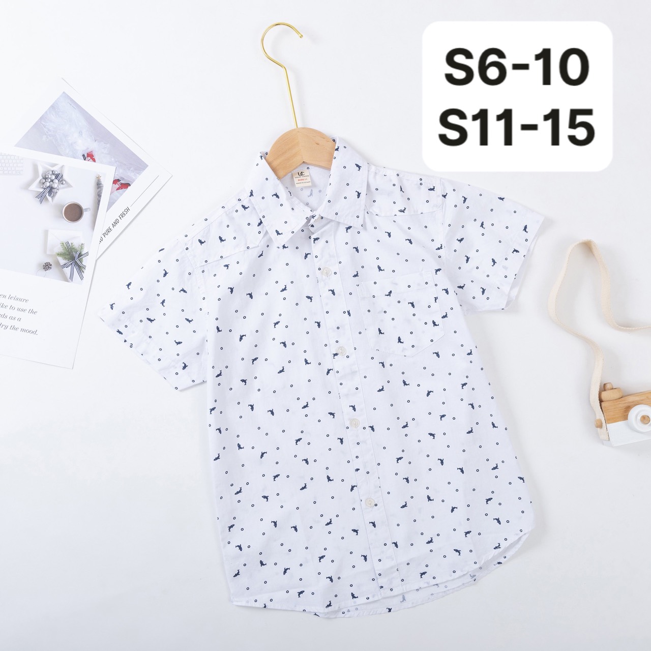Áo sơ mi cộc tay trắng bé trai 11-15 tuổi in hình cá heo