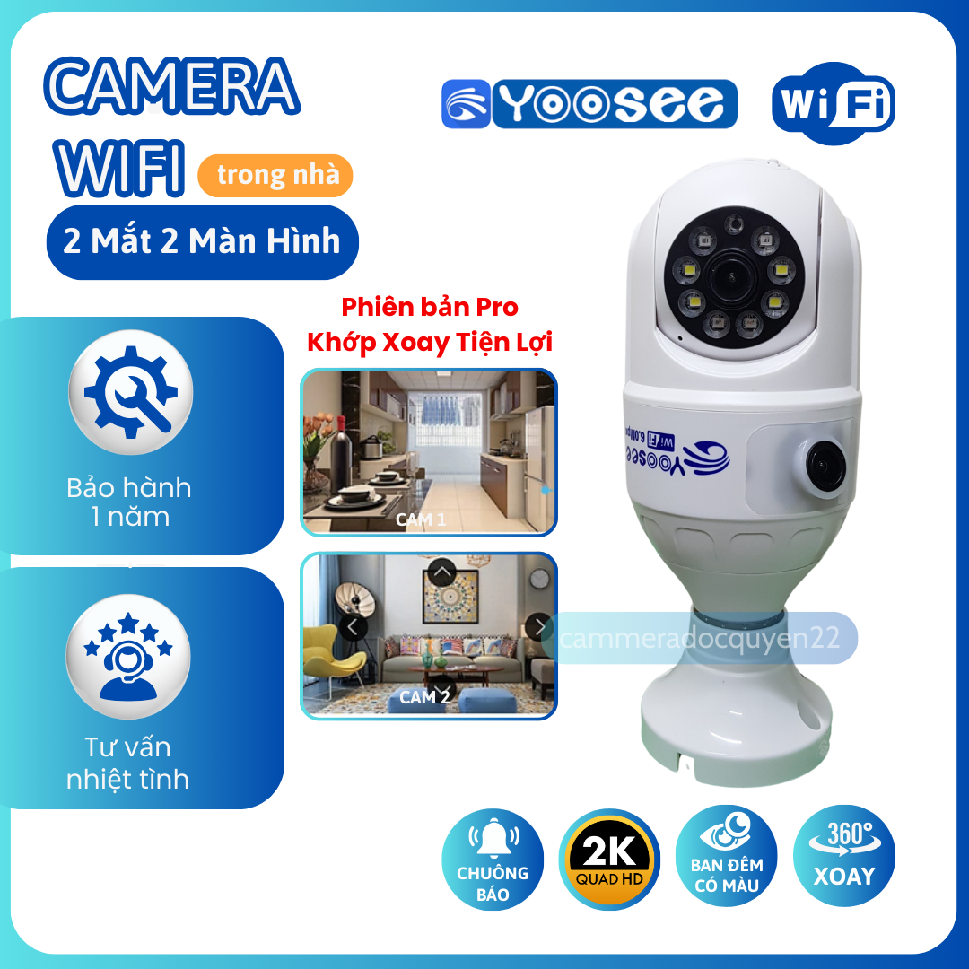 Camera wifi app yoosee, thiết kế kiểu bóng đèn, 2 mắt 2 màn hình, khớp xoay linh hoạt, độ phân giải fhd, xoay 360 độ, ban đêm có màu - bh12 tháng