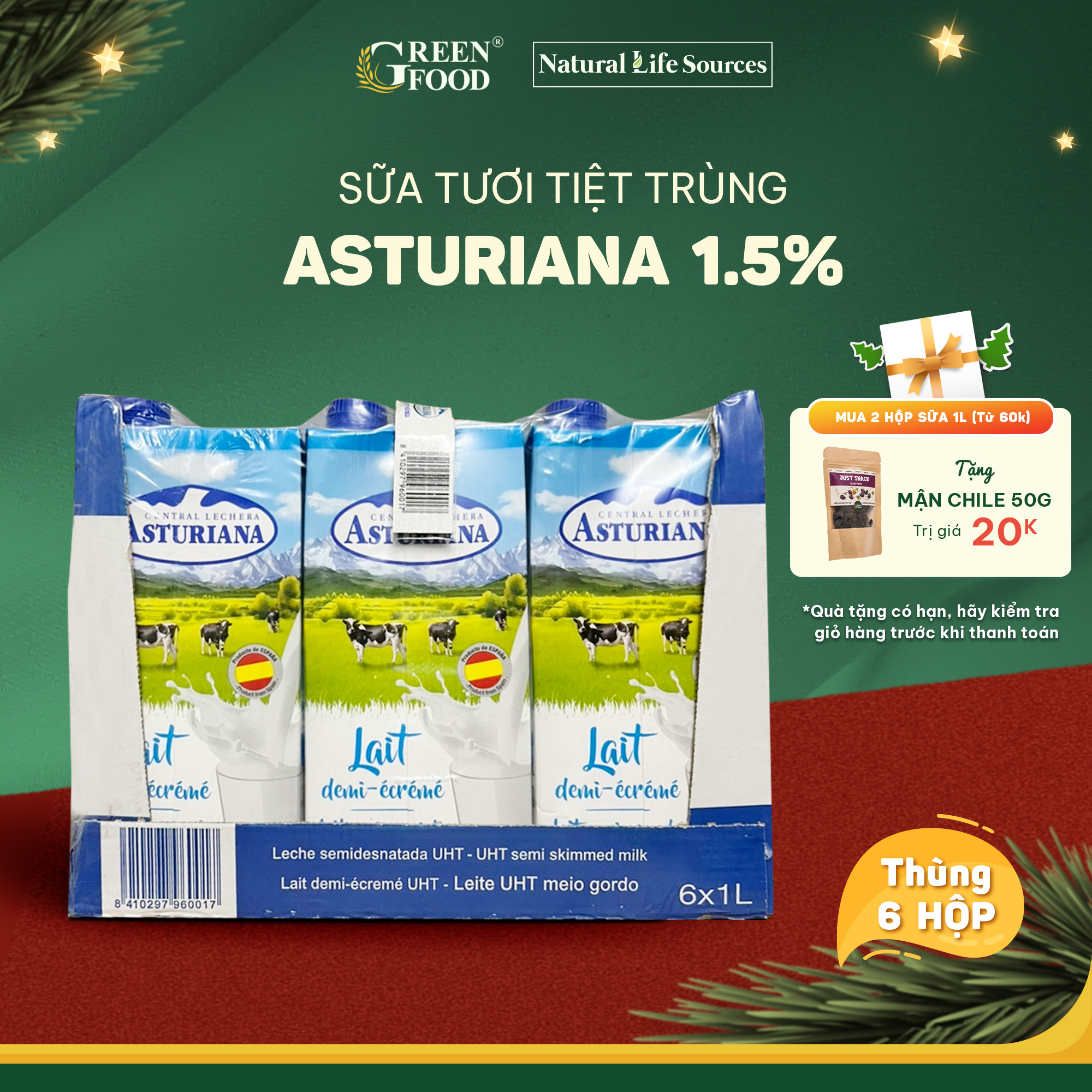 Thùng 6 Hộp Sữa Tươi Tiệt Trùng Asturiana Tách Béo Một Phần 1L - Hàm Lượng Béo Ít 1.5%, Bổ Sung Canxi và Đạm Tự Nhiên, Nhập Khẩu từ Tây Ban Nha