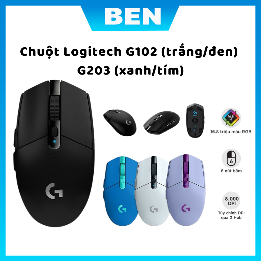 Chuột game có dây logitech g102, g203 gen2 lightsync - tùy chỉnh rgb, 6 nút lập trình, nhẹ, 8.000 dpi, cảm biến chuyên game - bảo hành 24 tháng - bencomputer