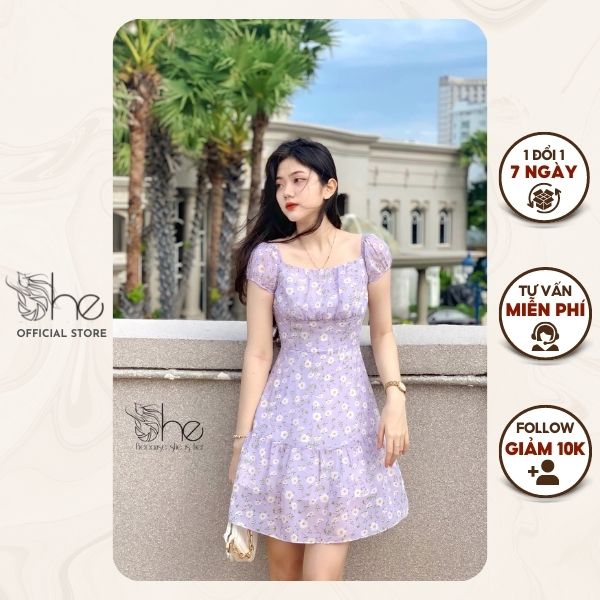 Đầm váy nữ She đầm trễ vai bẹt vai dáng xòe đuôi cá chất voan hoa pastel vintage đi biển du lịch SDX123