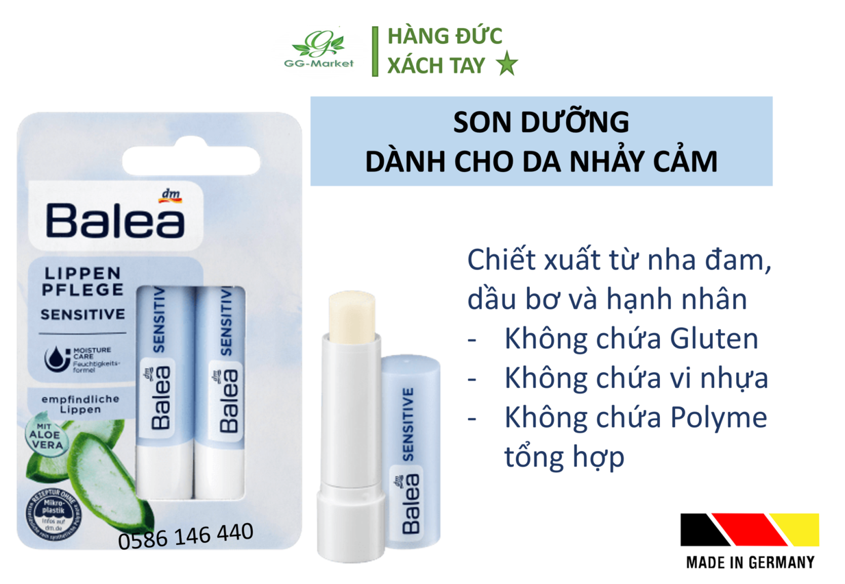 Set 2 thỏi son dưỡng môi nha đam giúp môi mềm mại, bóng mượt, căng mịn, balea sensitive đức