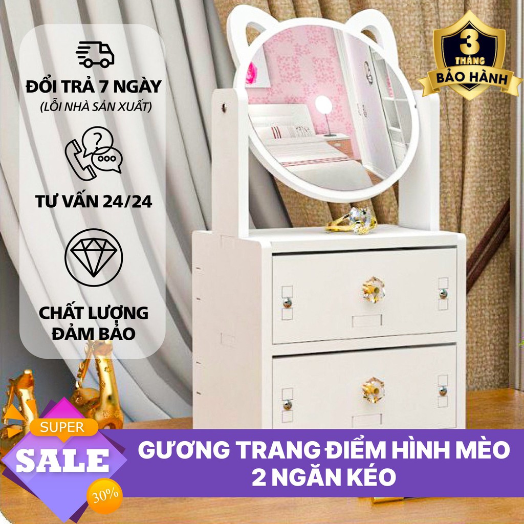 Gương trang điểm để bàn - Gương trang điểm -Kệ đựng mỹ phẩm- Kệ Mỹ Phẩm Đa Năng Có Ngăn Kéo - Gương trang điểm để bàn Gương trang điểm - Tủ gỗ để đồ trang điểm trang sức hình mèo