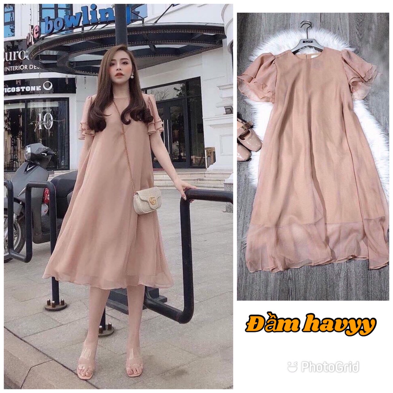 Đầm dáng suông V18 đầm bầu 2 lớp váy bầu dự tiệc màu Hồng đất