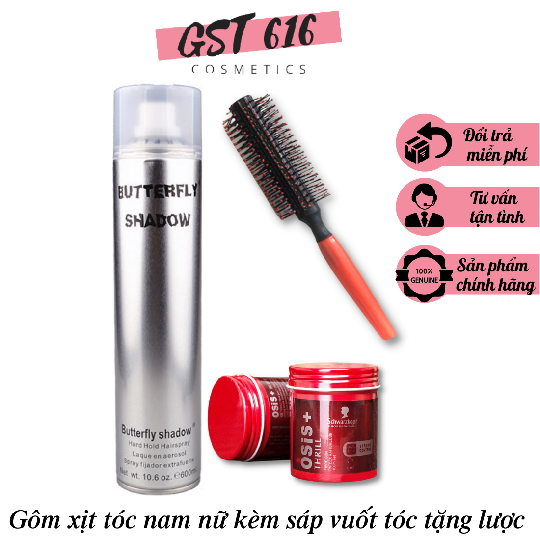 Gôm xịt tóc nam butterfly shadow 600ml chính hãng tặng lược kèm sáp vuốt tóc osis thrill 3 chuẩn salon