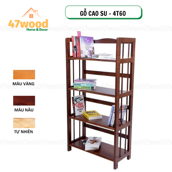 Kệ sách 4 tầng 60cm gỗ cao su cao 120cm - Kệ gỗ đa năng 4 tầng rộng 60cm