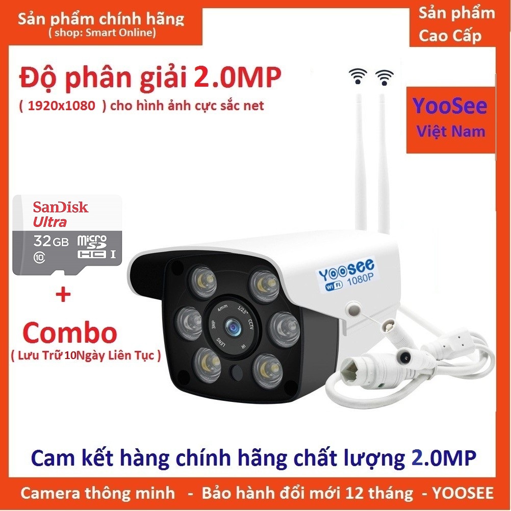 (Tặng Kèm thẻ nhớ 32GB)Camera Wifi Trong nhà-ngoài trời Yoosee ZQ25M-2.0Mpx- HD1080 - hỗ trợ 2 đèn hồng ngoại và 4 đèn LED xem đêm có Màu Cực Nét