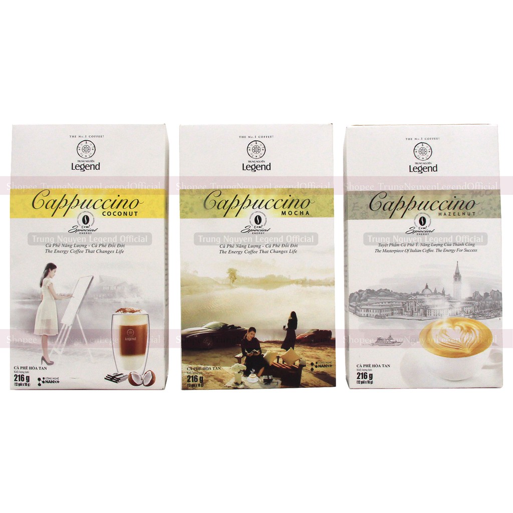 Cà phê Legend Trung Nguyên Cappuccino Mocha - Capuchino Hazelnut - Cappuchino Dừa Coconut