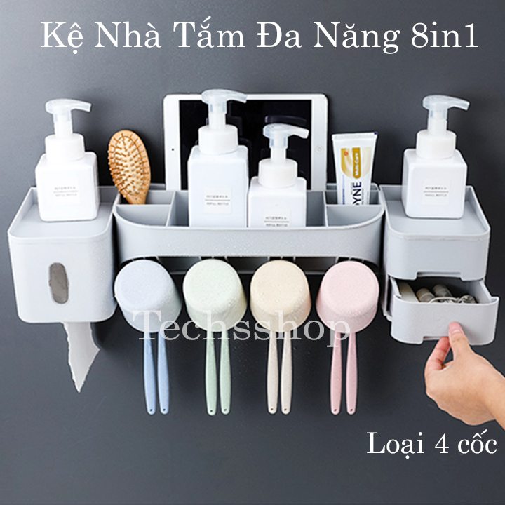 Kệ nhà tắm đa năng 4 cốc dán tường để bàn chải, kem đánh răng có hộp giấy vệ sinh Ra830c – Bộ kệ 3 cốc để nhà vệ sinh