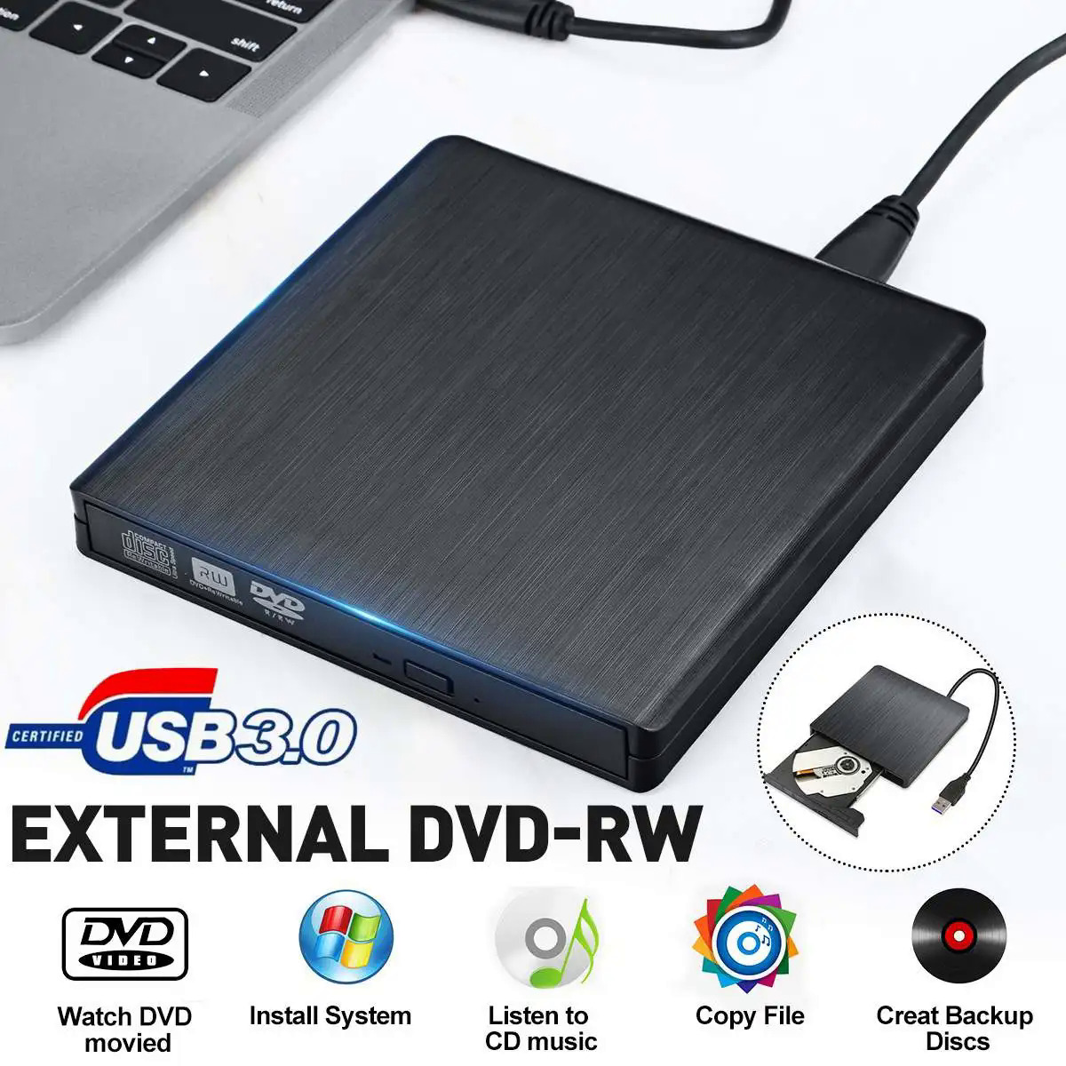 Gtwoilt External USB 3.0 Slim External DVD RW CD Nhà Văn ổ đĩa Burner đọc Máy nghe nhạc Ổ đĩa quang cho PC máy tính xách tay Windows PC