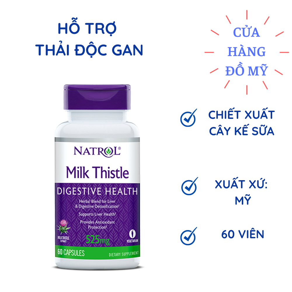 Viên uống Milk Thistle Natrol Extract 525 Mg 60 viên Digestive Health - hỗ trợ giải độc gan - Shop Hong1008