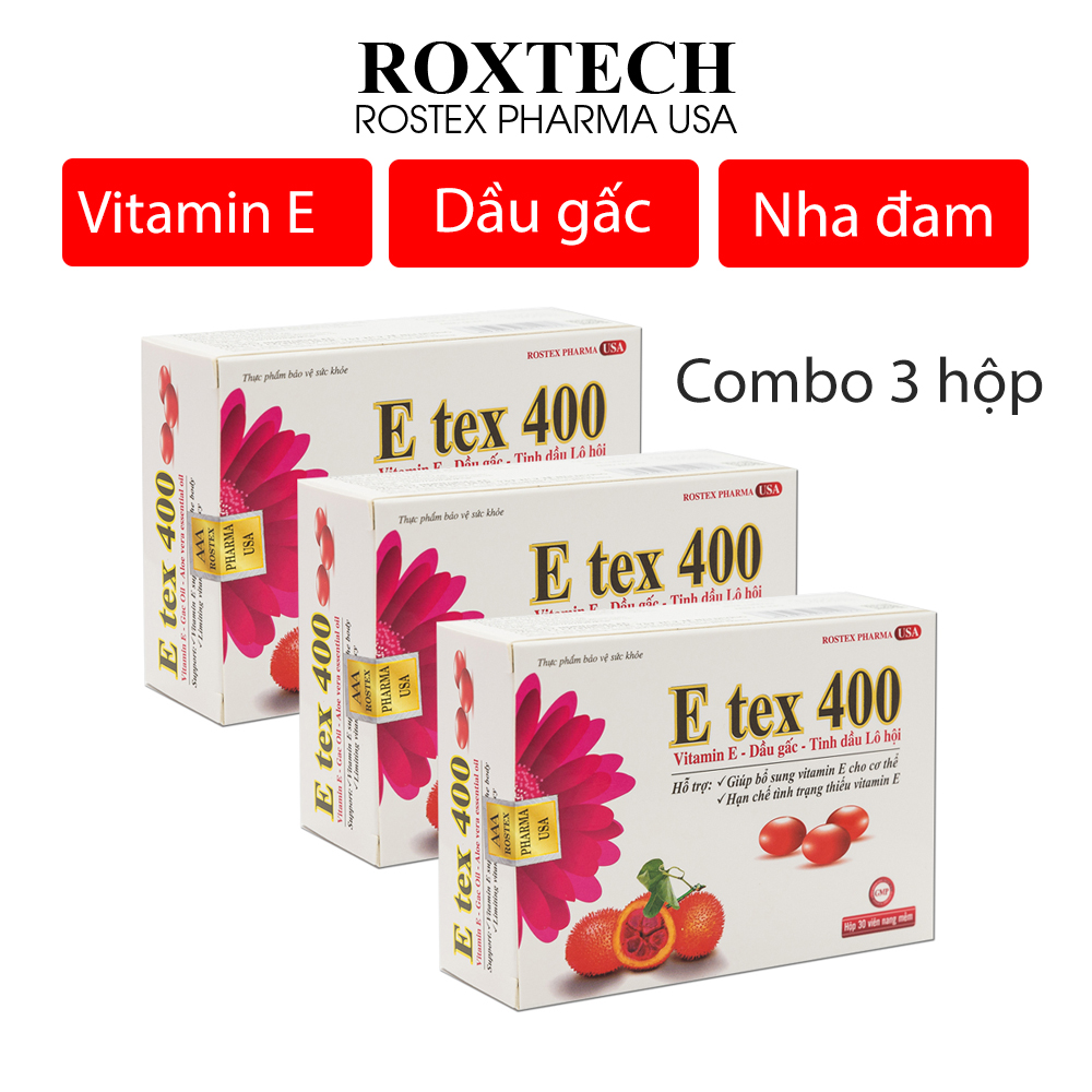 Combo 3 hộp Viên uống đẹp da Vitamin E đỏ, dầu gấc, tinh dầu nha đam E Tex 400 giảm nám sạm da, nhăn khô da, chống lão hóa - 30 viên