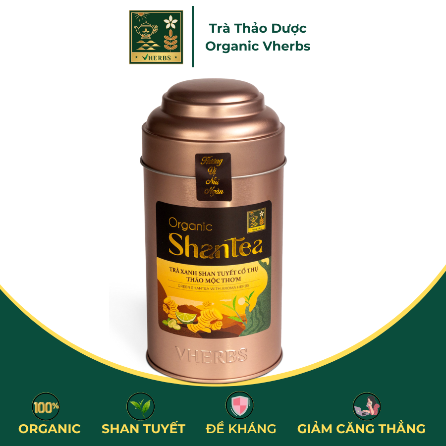 Trà Xanh Shan Tuyết Cổ Thụ Ướp Thảo Dược Thơm VHERBS Hộp 90G - Giảm Căng Thẳng, Tăng Hiệu Suất Lao Động Trí Óc, Tăng Sức Đề Kháng