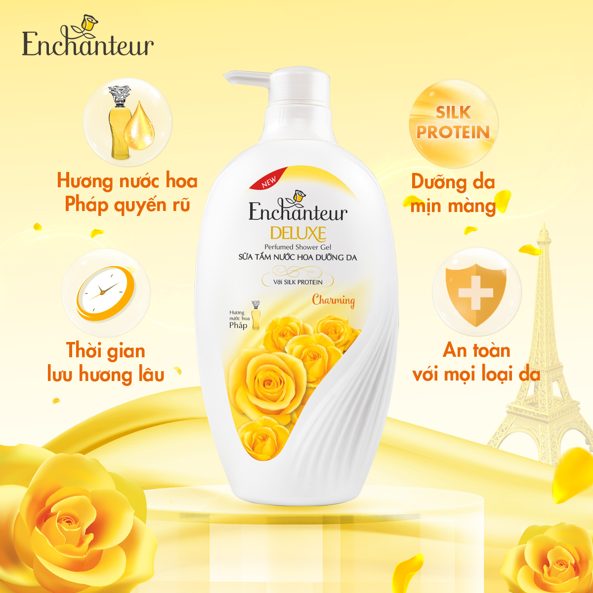 Combo sữa tắm nước hoa dưỡng da charming 650g + sáp khử mùi trắng da charming 40g