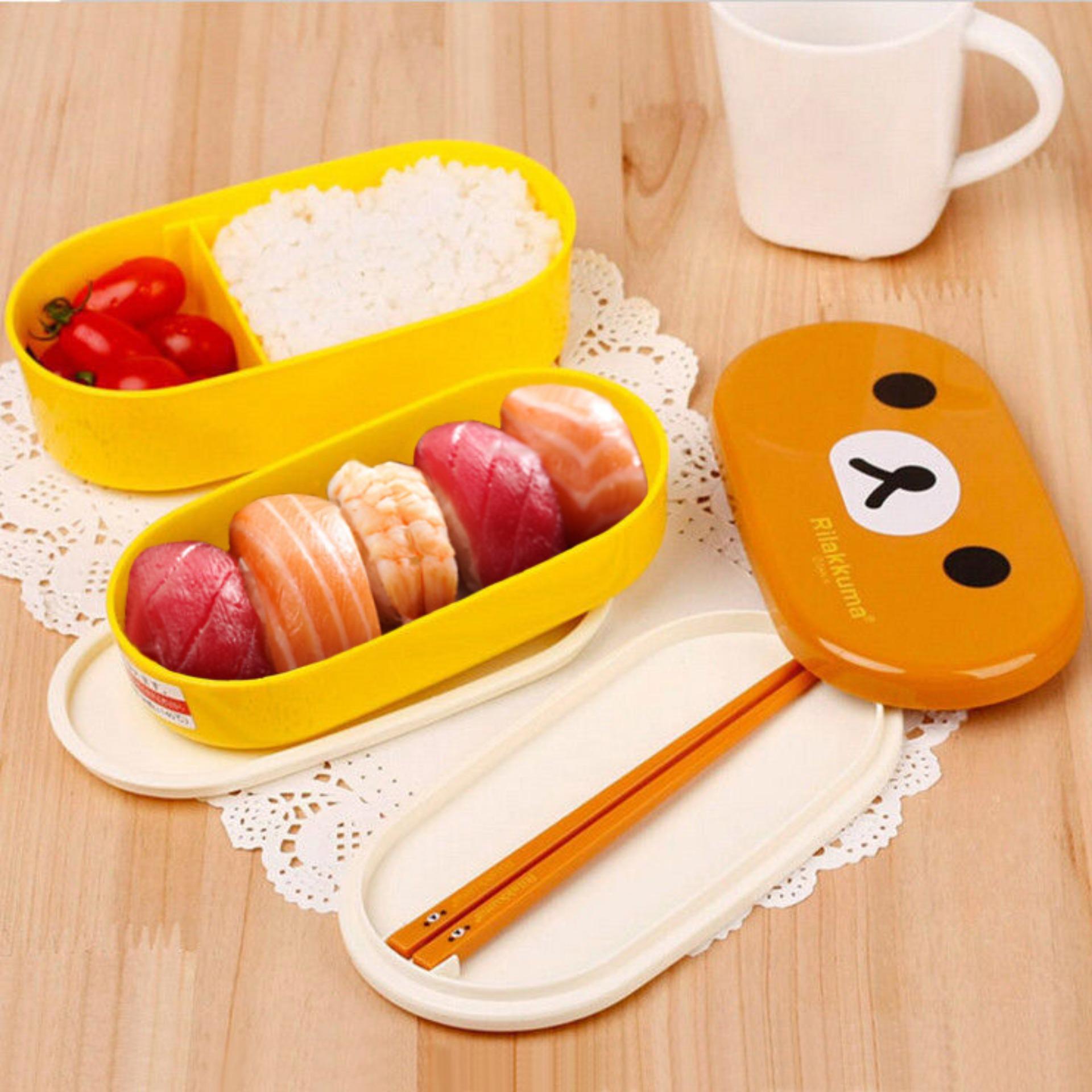 Hộp cơm Rilakkuma, Hộp đựng cơm Bento cho bé, Hộp cơm Bento 2 tầng, Hộp đựng bánh Sandwich, Hộp cơm mang đi làm, Hộp đựng thức ăn nhanh cho bé chất liệu an toàn cho sức khỏe, thiết kế hình thú dễ thương