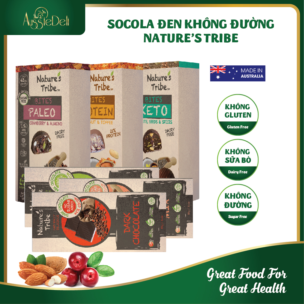 Hộp 80-100gr - socola thanh socola viên nhiều vị 75% cacao không đường không gluten - nature's tribe - nhập khẩu từ úc