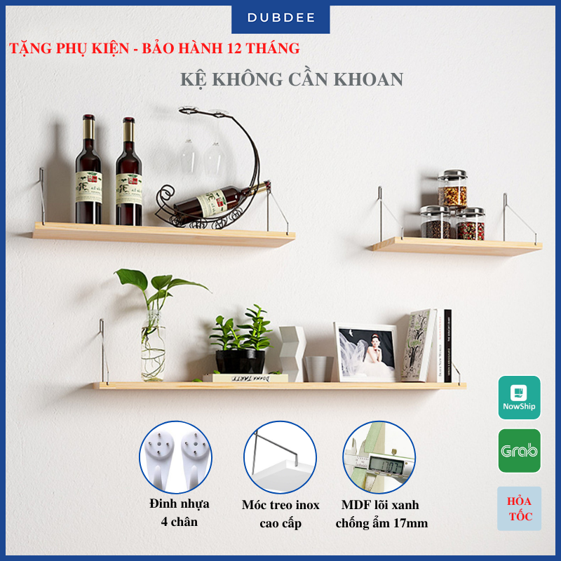 Kệ Gỗ Trang Trí Không Cần Khoan Dubdee Treo Tường Với Móc Inox Cao Cấp Dễ Lắp Đặt (Nhiều màu)
