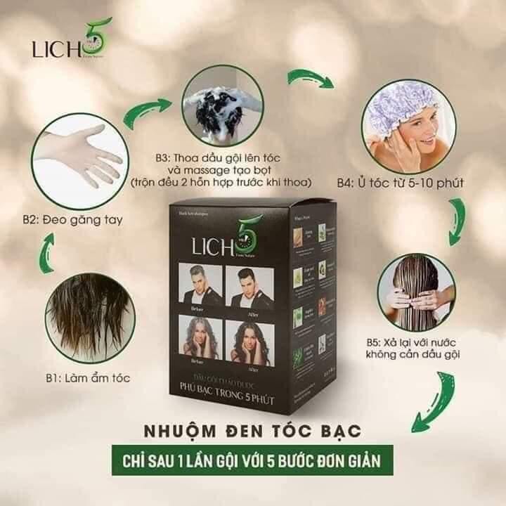 Dầu gội thảo dược lich5 dầu gội phủ bạc hộp 10 gói