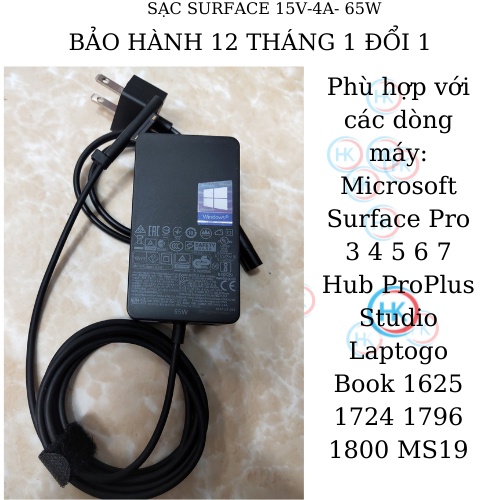 Sạc surface pro 4 5 6 7 15v-4a 65w zin loại 1 microsoft hub proplus studio laptogo book 1625 1724 1796 1800 ms19