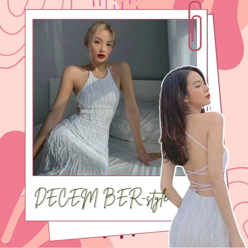 Đầm maxi trắng dợn sóng dây đan lưng mẫu hot 2022, december-style video shop quay đđl