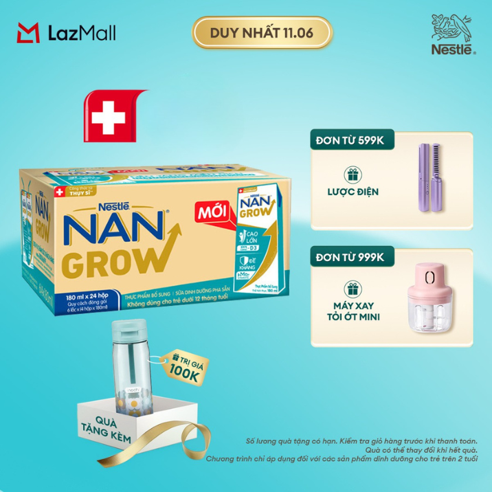 [Chỉ 25-29.05 QT 599K/999K/1299K] [Tặng Bình nước Inochi] Thùng 24 hộp Sữa Dinh Dưỡng Pha Sẵn Nestlé NANGROW 180ml cho bé trên 1 tuổi  - Sữa nước vị nhạt công thức từ Thụy Sĩ