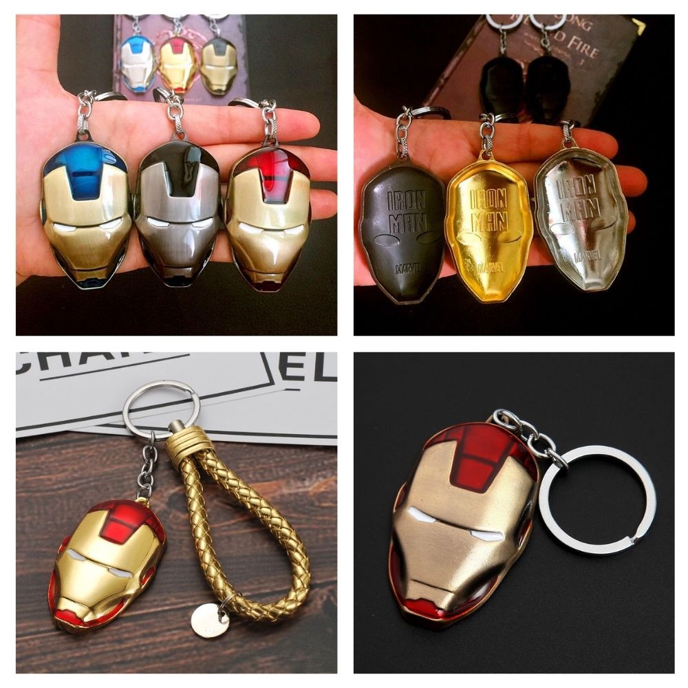 Móc treo chìa khóa mặt nạ Người sắt. Móc khóa mặt nạ Ironman kèm dây da đan