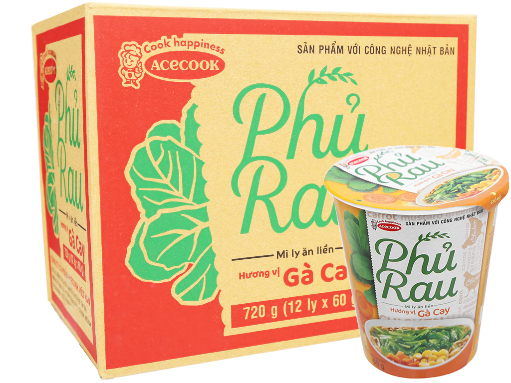 Thùng 12 ly mì Vina AceCook Phủ Rau vị gà cay 60g