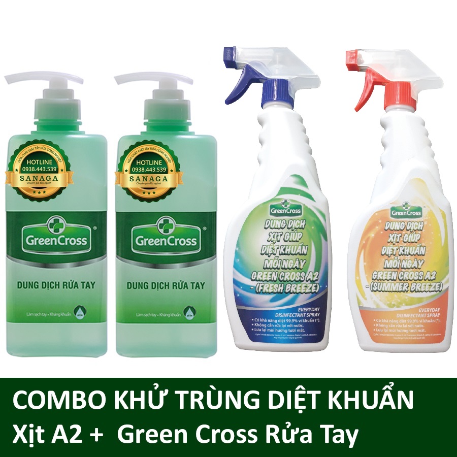 Combo 2 chai nước rửa tay green cross 500ml và 2 chai nước diệt khuẩn bề mặt green cross a2 500ml