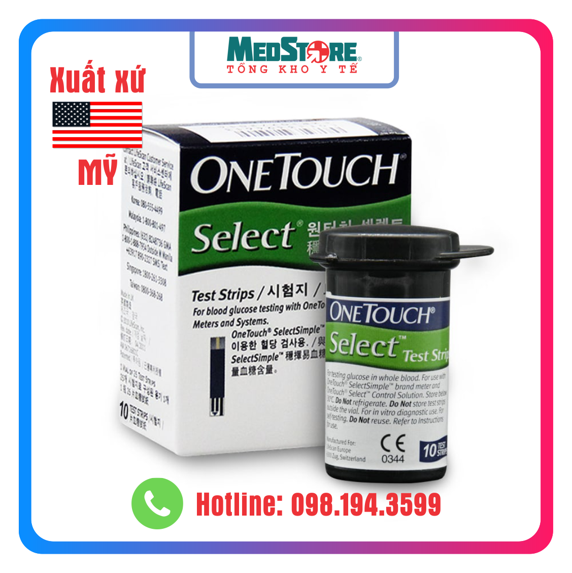 Que Thử Đường Huyết OneTouch Select (LỌ 10 QUE) - TBYT Medstore -Que Thử Tiểu Đường One Touch Select