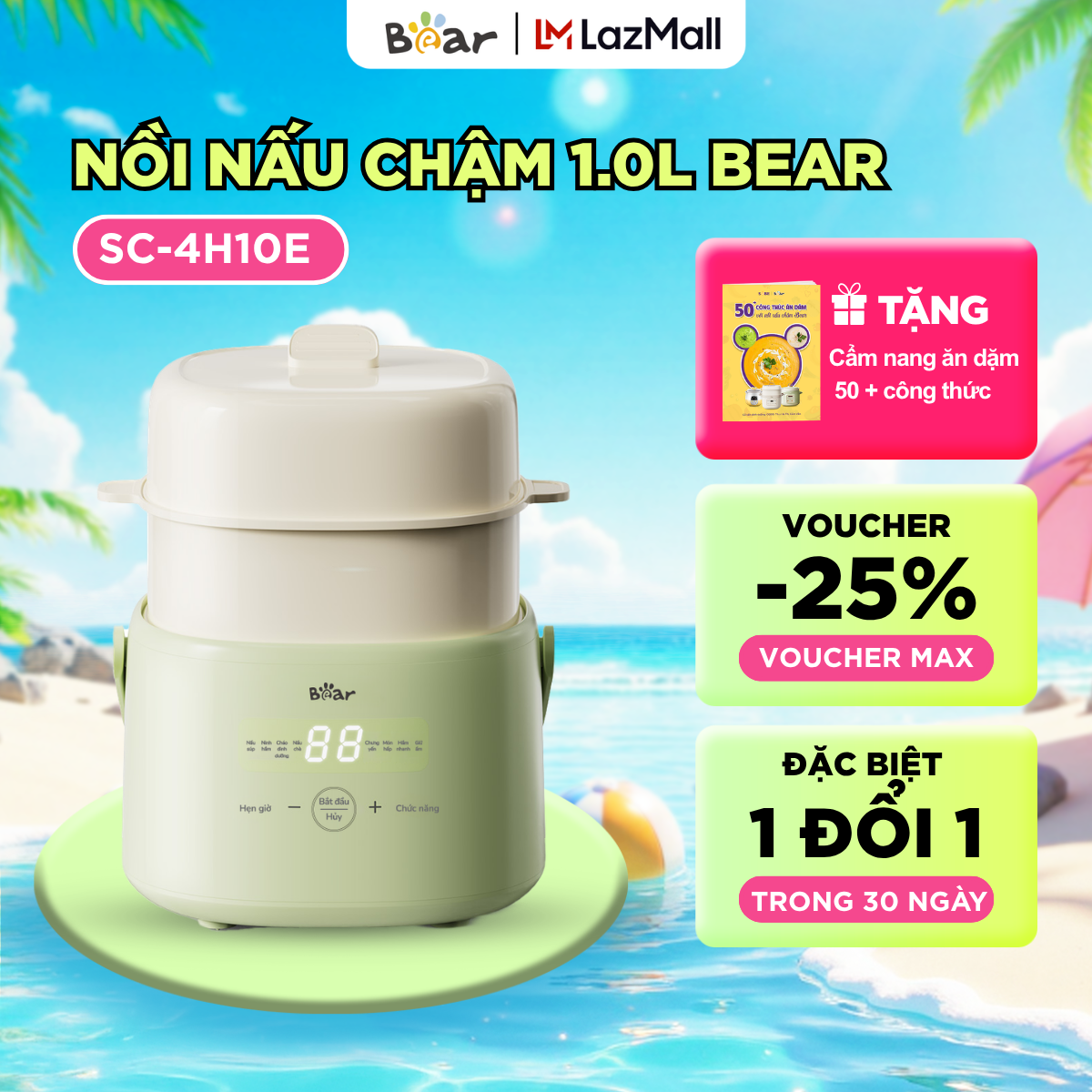 Nồi Nấu Cháo Chậm BEAR 1L Có Xửng Hấp 8 Chế Độ Nấu Hầm Nồi Chưng Yến Nồi Nấu Chậm Cho Bé Giữ Trọn Dinh Dưỡng SC-4H10E