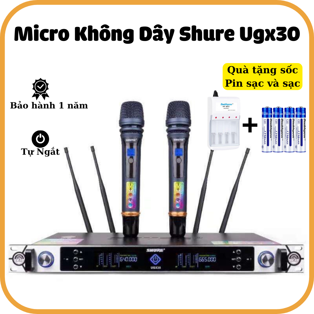 Micro không dây Shure UGX30 hát SIÊU NHẸ có Tự ngắt - Gia tốc - Dò sóng sạch - Khóa đầu thu - chuẩn loại 1 hàng tụ lớn, mic không dây shure ugx30 . tặng bộ pin sạc và sạc.