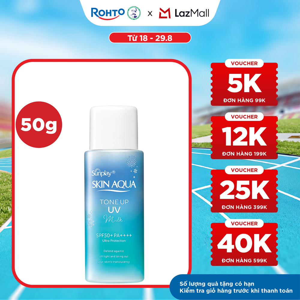 Kem chống nắng nâng tông Skin Aqua Tone up Blue cho da vàng có khuyết điểm đỏ, dạng sữa Sunplay Skin Aqua Tone Up UV Milk Blue SPF 50+ PA++++ 50g