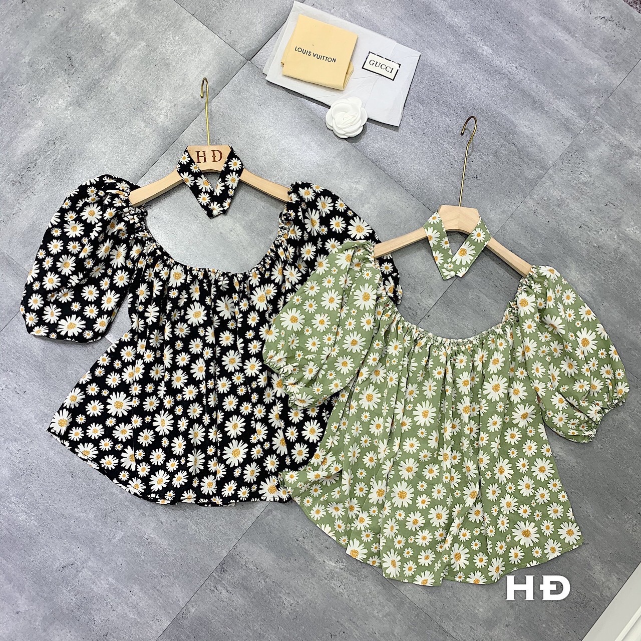 Áo Trễ Vai Hoa Cúc Kèm Chocker, Áo Trễ Vai Tay Phồng, Áo Voan Bẹt Vai Cúc Hoạ Mi Xinh Xắn AV33