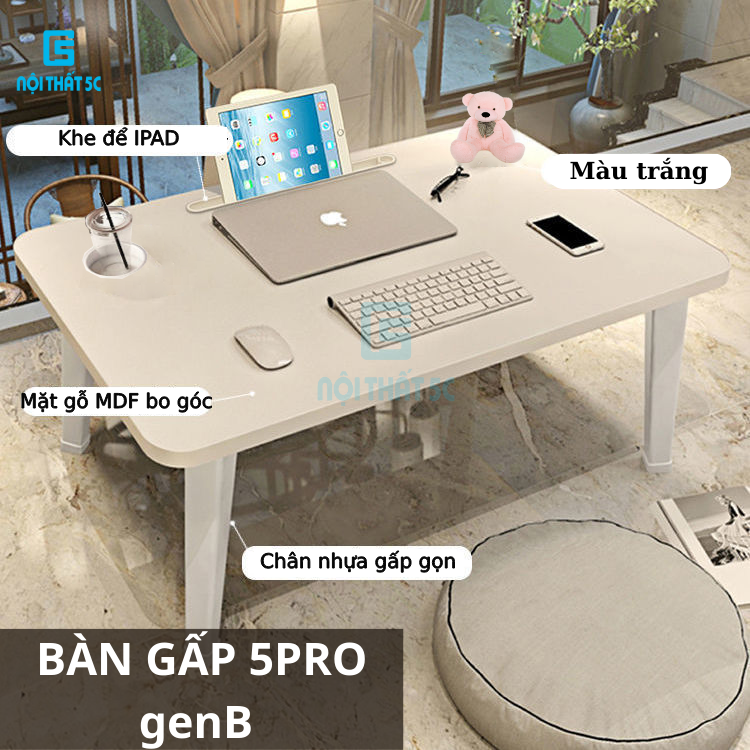 Bàn ngồi học trên giường gấp gọn màu trắng trang nhã, bàn làm việc chân nhựa tích hợp ổ USB và khe để IPAD thông minh, mặt chất liệu gỗ MDF