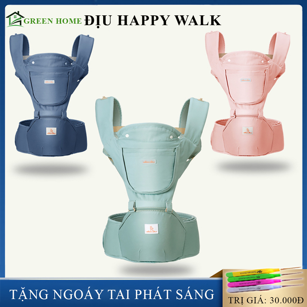 Địu cho bé HAPPY WALK - Địu ngồi đa năng có bệ ngồi , mũ che nắng, ngăn để đồ tặng kèm khăn đeo vai dùng cho bé từ 0-36 tháng an toán, tiện lợi
