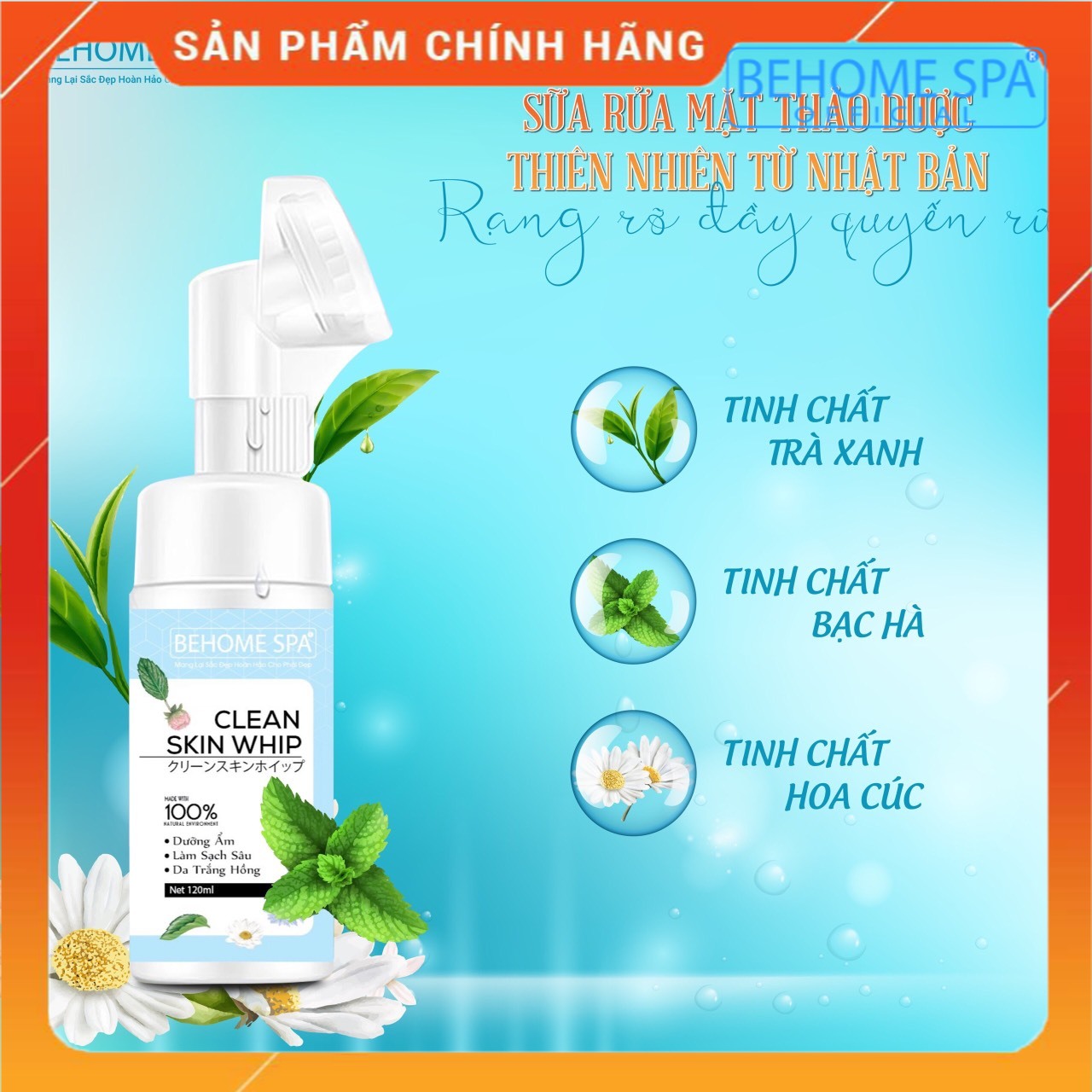 Sữa rửa mặt thảo dược thiên nhiên behome spa - sữa rửa mặt trắng da tinh chất trà xanh, bạc hà, hoa cúc đến từ nhật bản