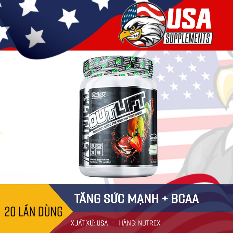 Tăng Sức Mạnh Nutrex Outlift Preworkout, Tăng sức mạnh bổ sung BCAA phục hồi cơ bắp, 20 lần dùng